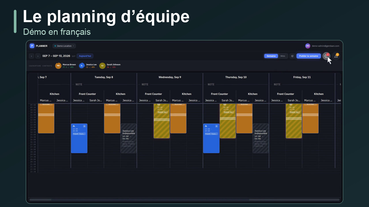Voir la démo en français du planning d’équipe — aperçu du planning hebdomadaire